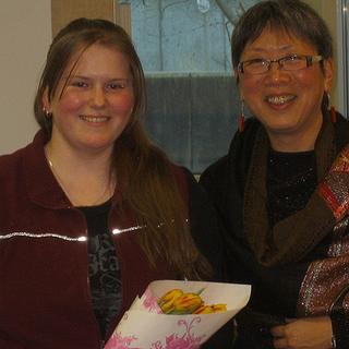 2009 Anthropology Awards Reception Katie, left, is one of two recipients of this year's Anthropology Club Award. Imogene Lim, right, presents her with flowers and her award; March 12, 2009. 
